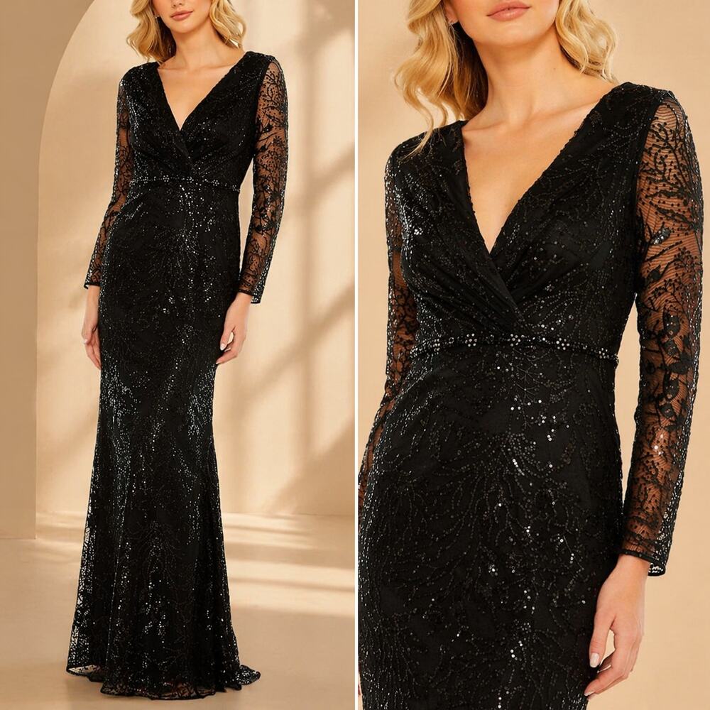 Mac Duggal Embellished Wrap Over Long Sleeve Gown Maxi Dress Black Size 16 68016